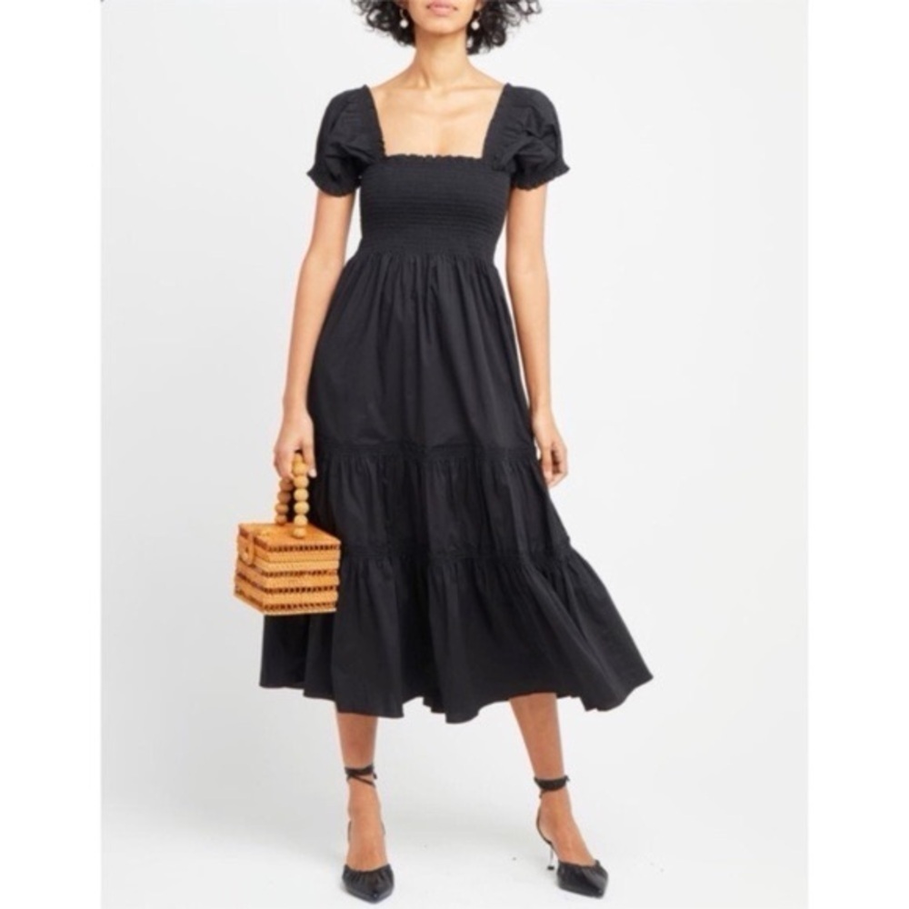 O.P.T. • Anthro Daphne Square Neck Smocked Maxi Dress black cotton poplin tiered
